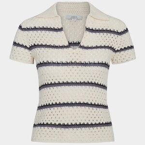 Vince Striped Macramé Cotton Polo Sweater - cream with black and grey